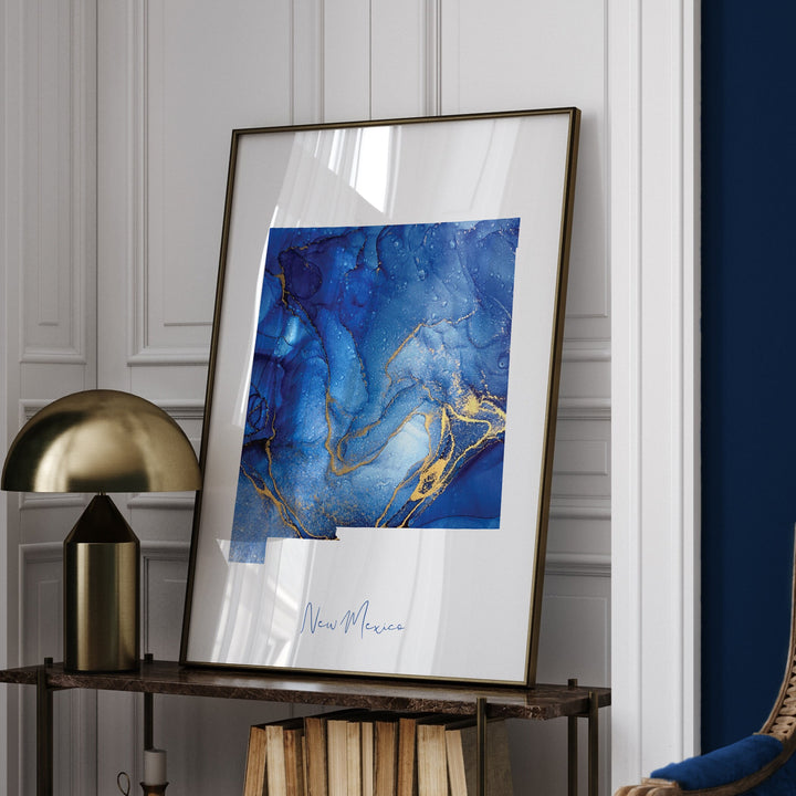 New Mexico Map Blue and Gold Wall Art Print | US State | United States of America | USA