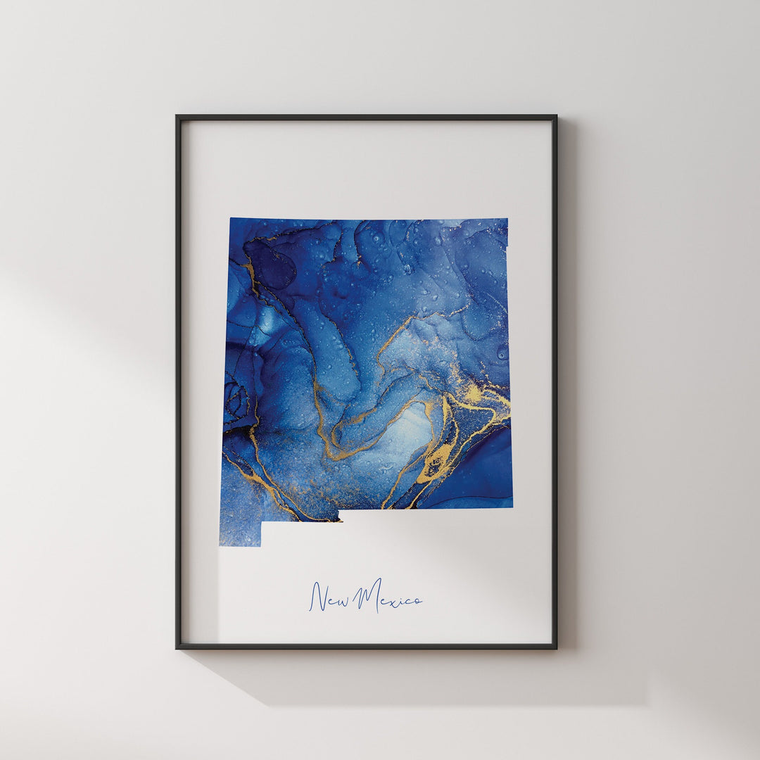 New Mexico Map Blue and Gold Wall Art Print | US State | United States of America | USA