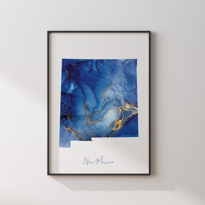 New Mexico Map Blue and Gold Wall Art Print | US State | United States of America | USA