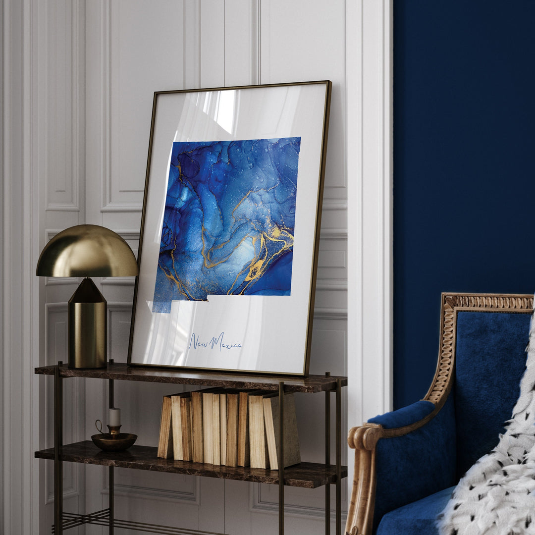 New Mexico Map Blue and Gold Wall Art Print | US State | United States of America | USA