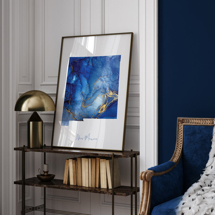 New Mexico Map Blue and Gold Wall Art Print | US State | United States of America | USA