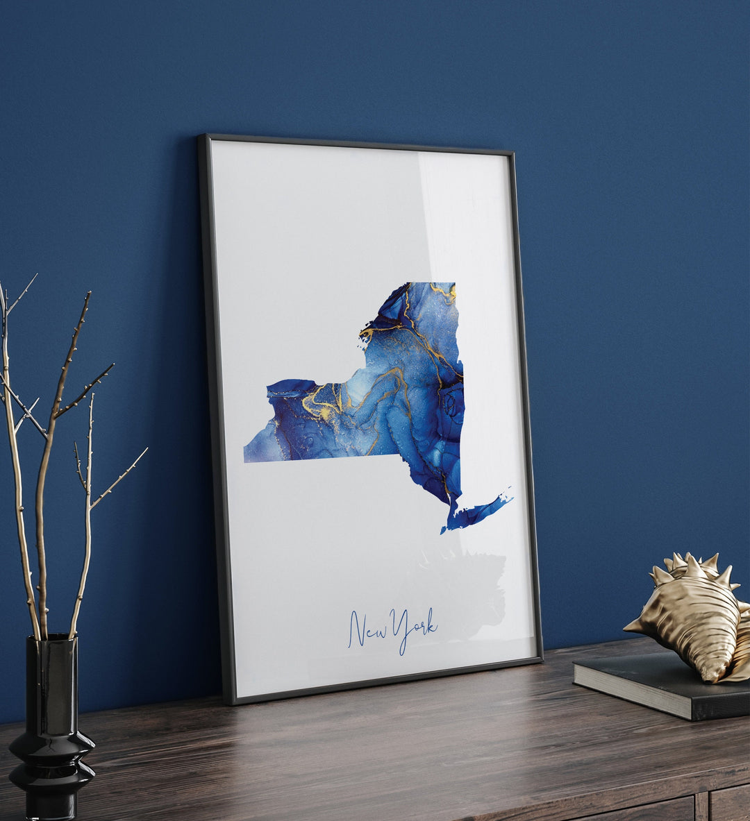 New York Map Blue and Gold Wall Art Print | US State | United States of America | USA