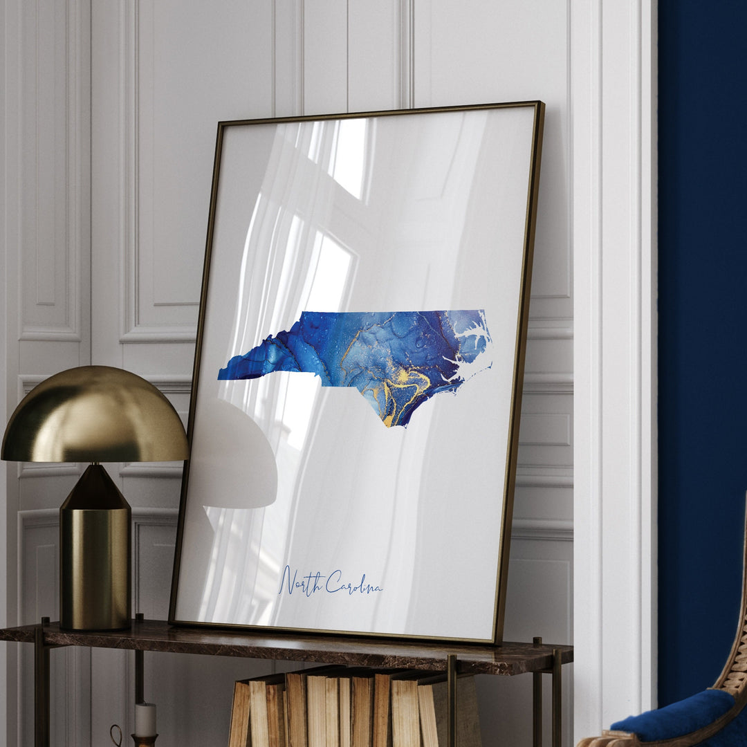 North Carolina Map Blue and Gold Wall Art Print | US State | United States of America | USA