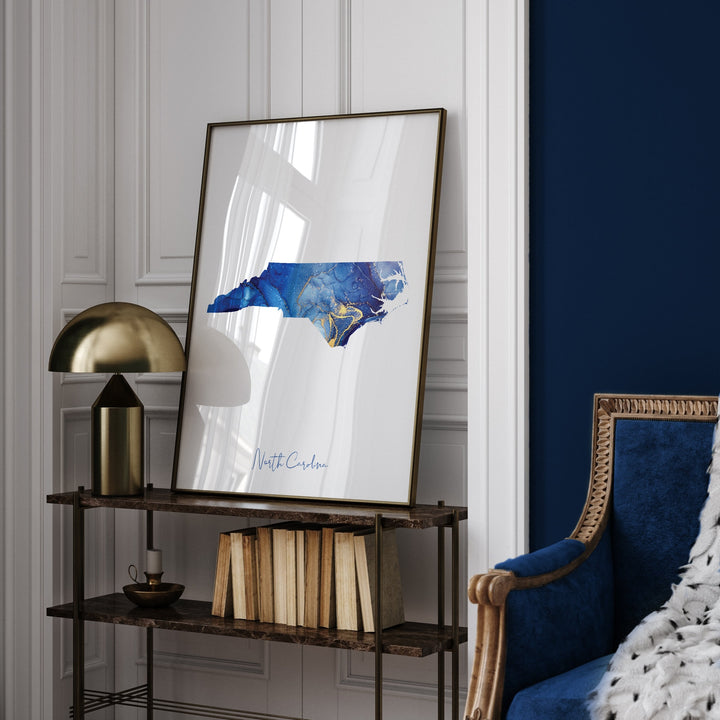 North Carolina Map Blue and Gold Wall Art Print | US State | United States of America | USA