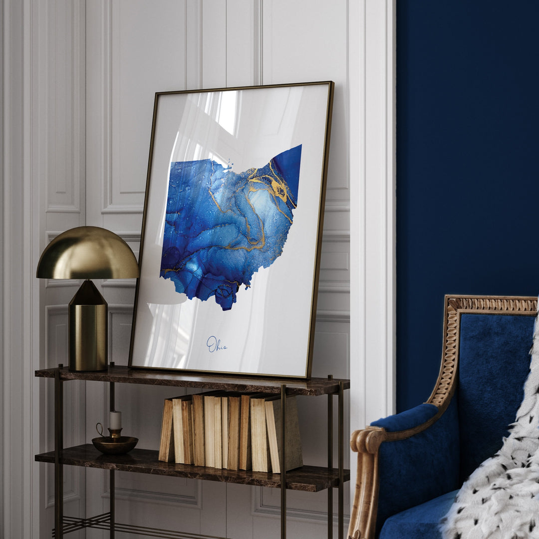 Ohio Map Blue and Gold Wall Art Print | US State | United States of America | USA