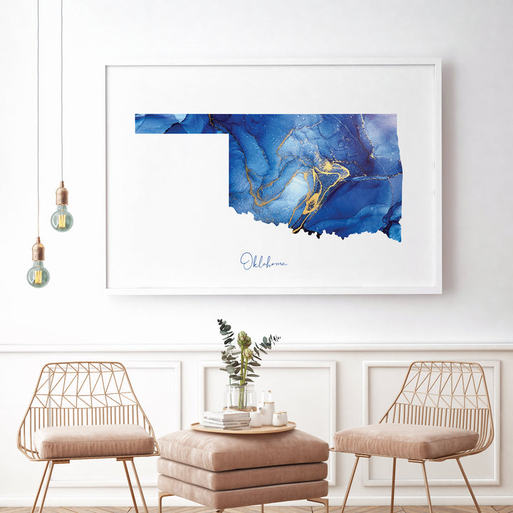 Oklahoma Map Blue and Gold Wall Art Print | US State | United States of America | USA