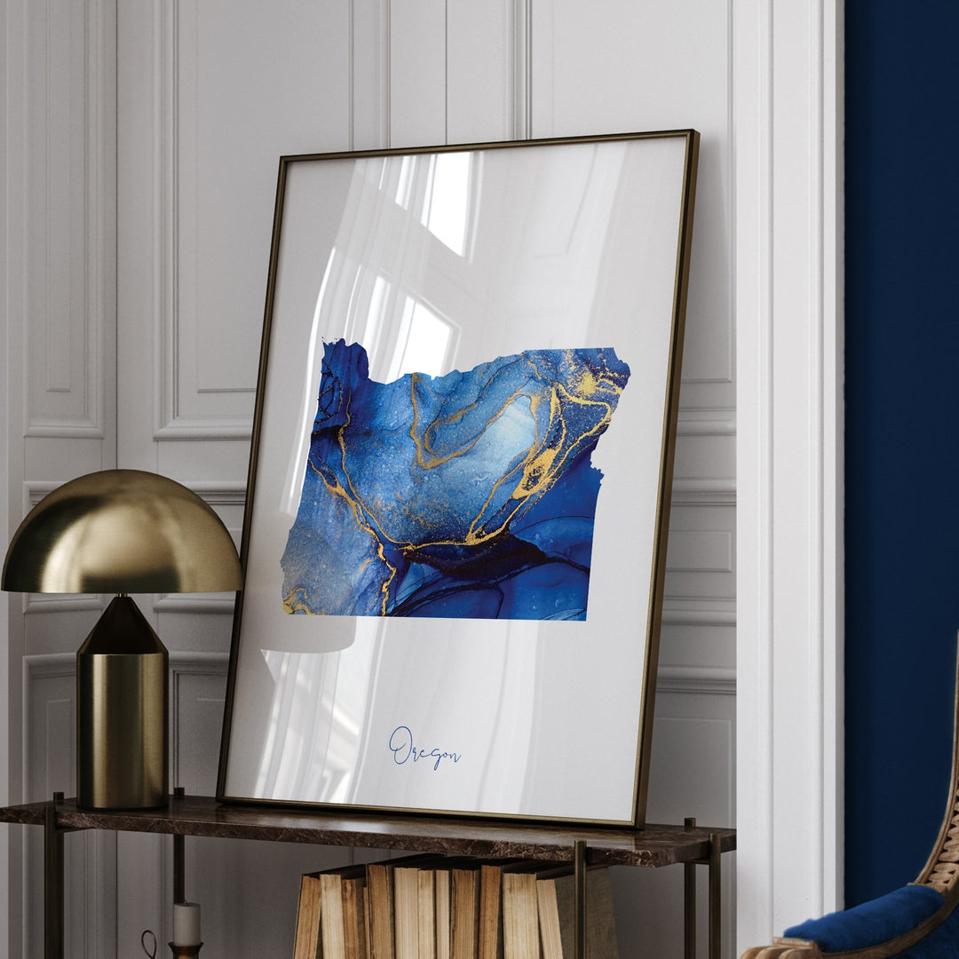 Oregon Map Blue and Gold Wall Art Print | US State | United States of America | USA