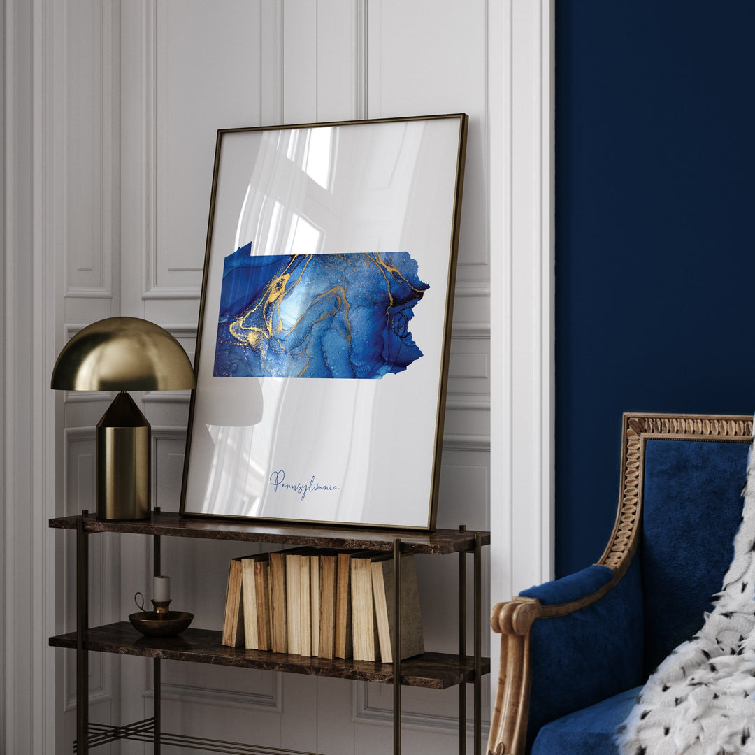 Pennsylvania Map Blue and Gold Wall Art Print | US State | United States of America | USA