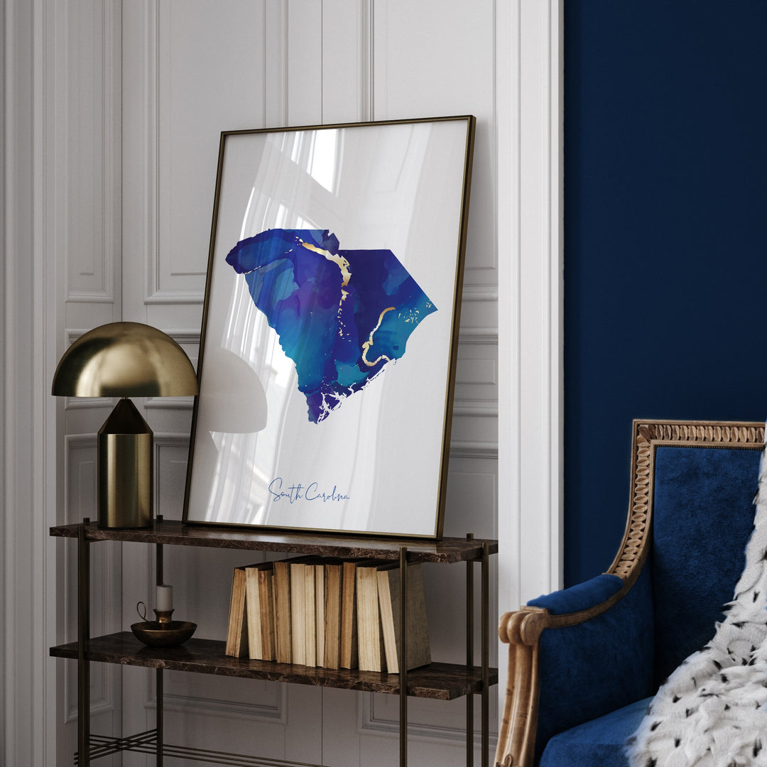 South Carolina Map Blue and Gold Wall Art Print | US State | United States of America | USA