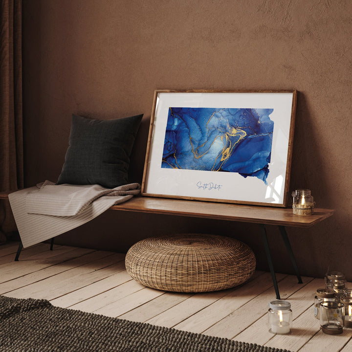 South Dakota Map Blue and Gold Wall Art Print | US State | United States of America | USA