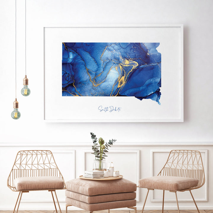 South Dakota Map Blue and Gold Wall Art Print | US State | United States of America | USA