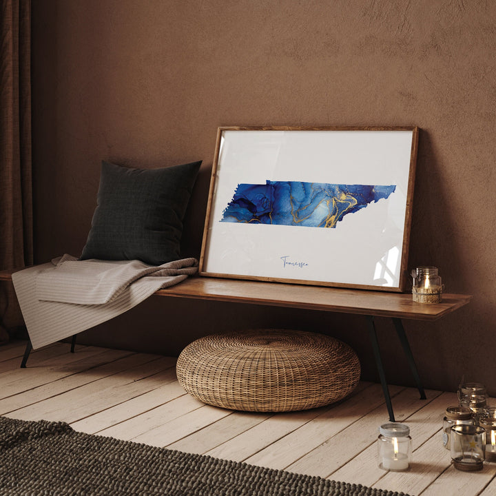 Tennessee Map Blue and Gold Wall Art Print | US State | United States of America | USA