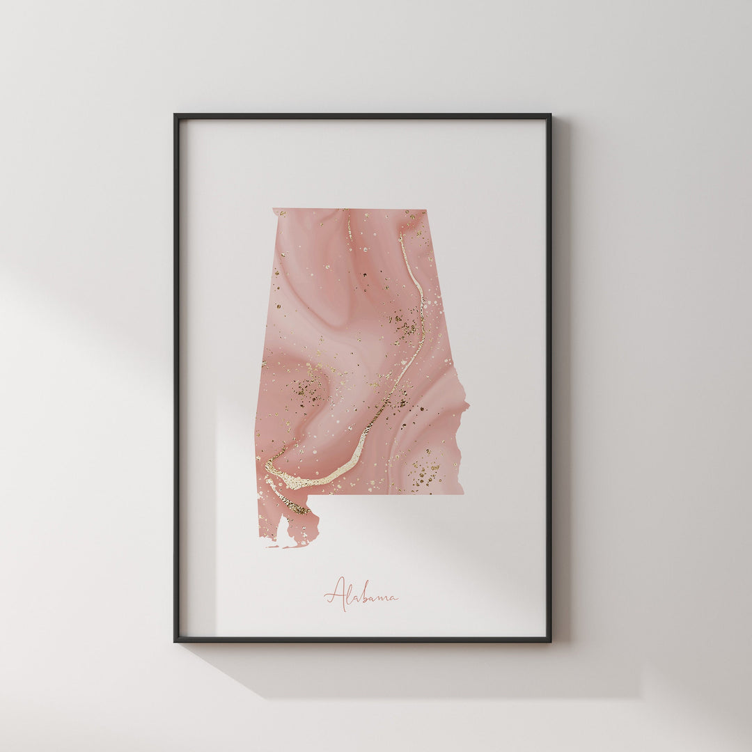Alabama Map Pink and Gold Wall Art Print | USA | US State | United States of America
