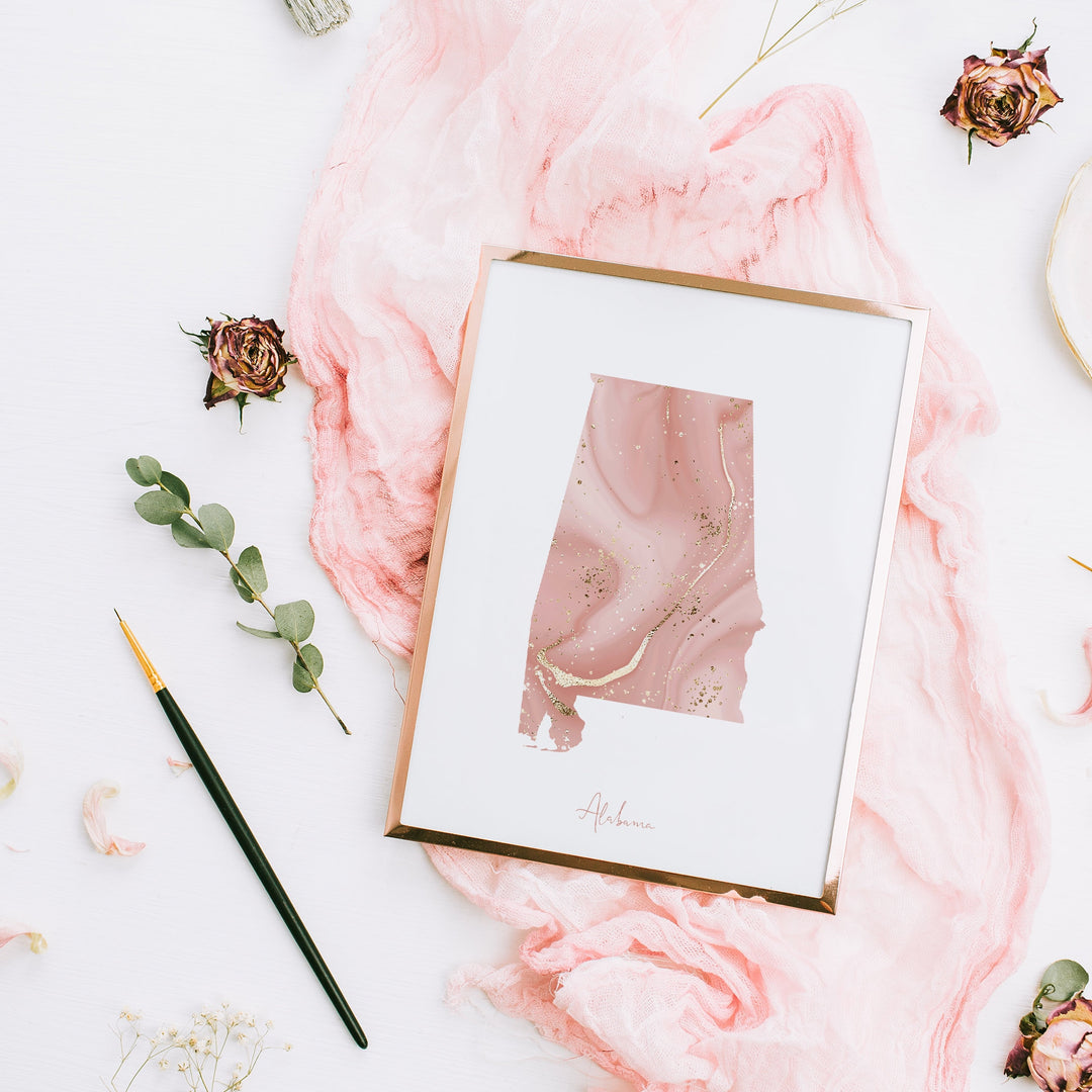 Alabama Map Pink and Gold Wall Art Print | USA | US State | United States of America