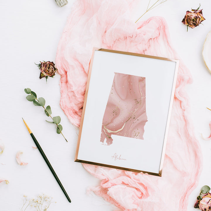 Alabama Map Pink and Gold Wall Art Print | USA | US State | United States of America