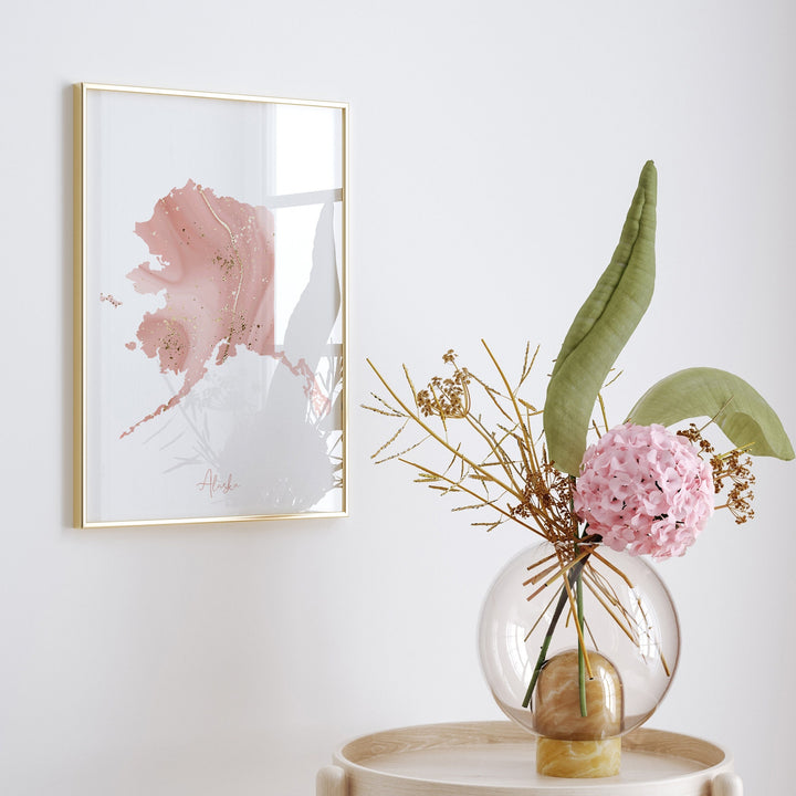Alaska Map Pink and Gold Wall Art Print | USA | US State | United States of America
