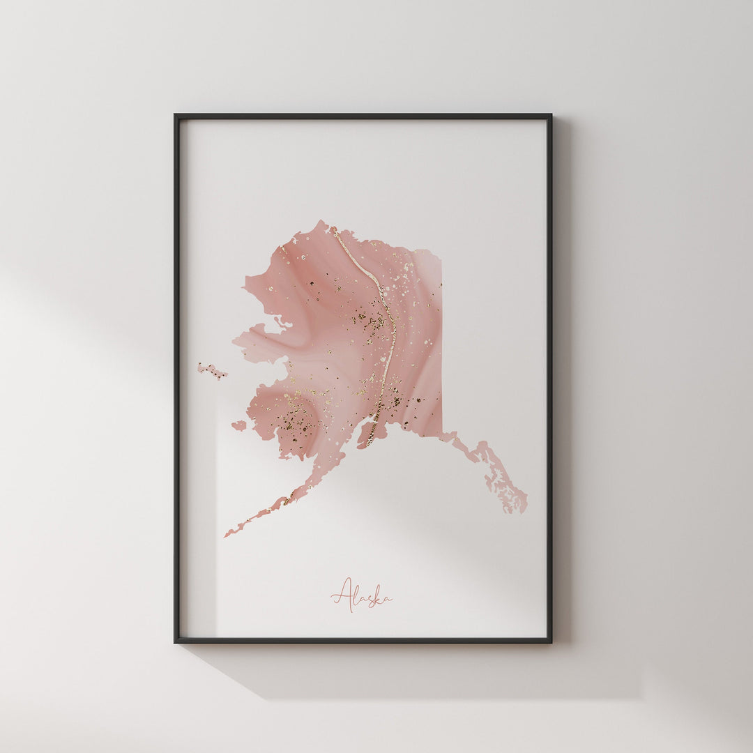 Alaska Map Pink and Gold Wall Art Print | USA | US State | United States of America