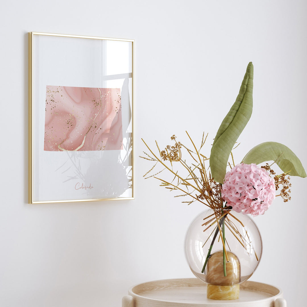 Colorado Map Pink and Gold Wall Art Print | USA | US State | United States of America