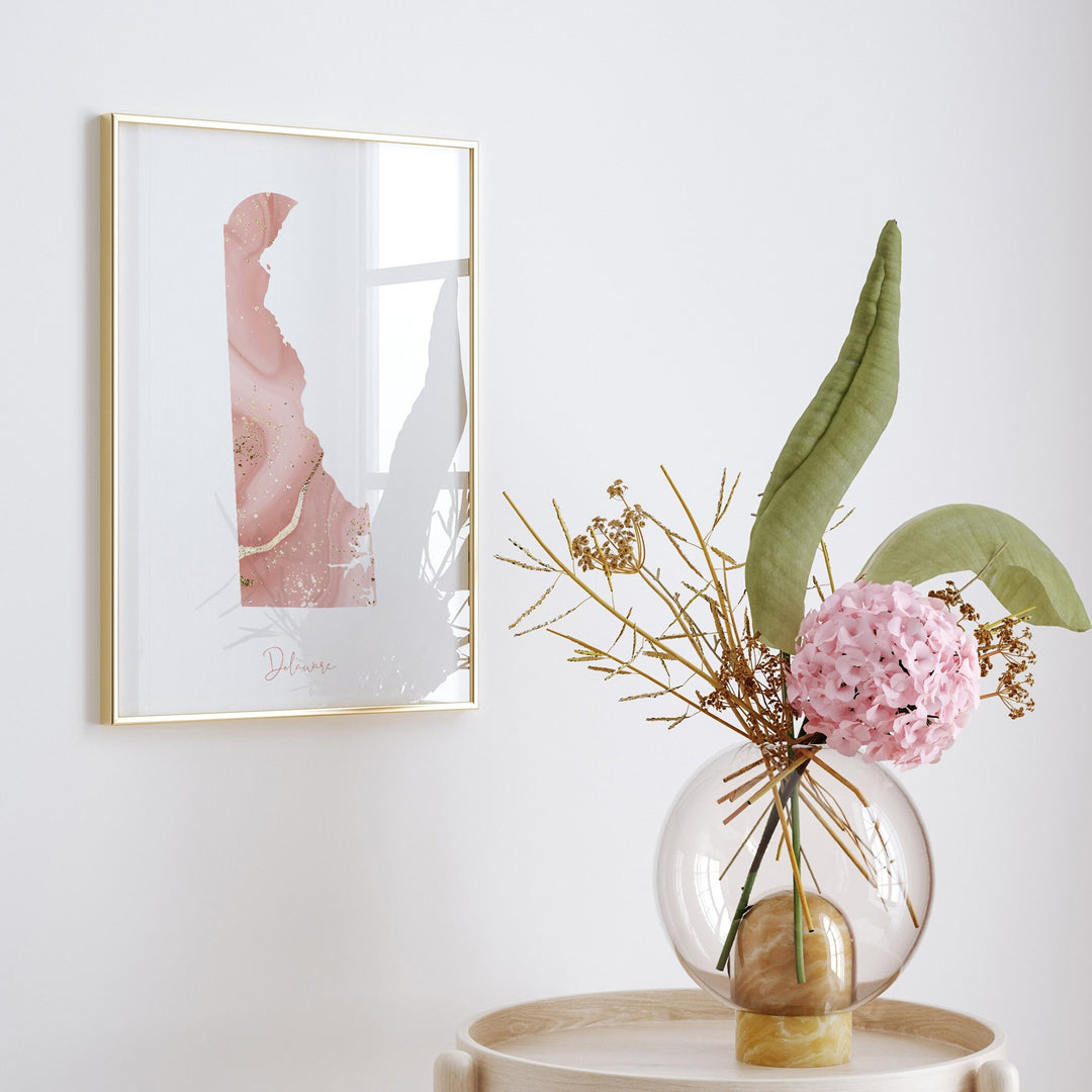 Delaware Map Pink and Gold Wall Art Print | USA | US State | United States of America