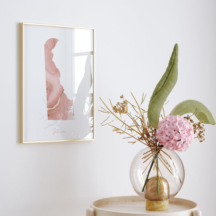 Delaware Map Pink and Gold Wall Art Print | USA | US State | United States of America