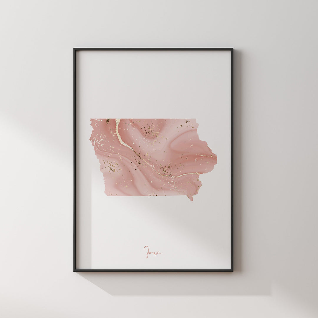 Iowa Map Pink and Gold Wall Art Print | USA | US State | United States of America