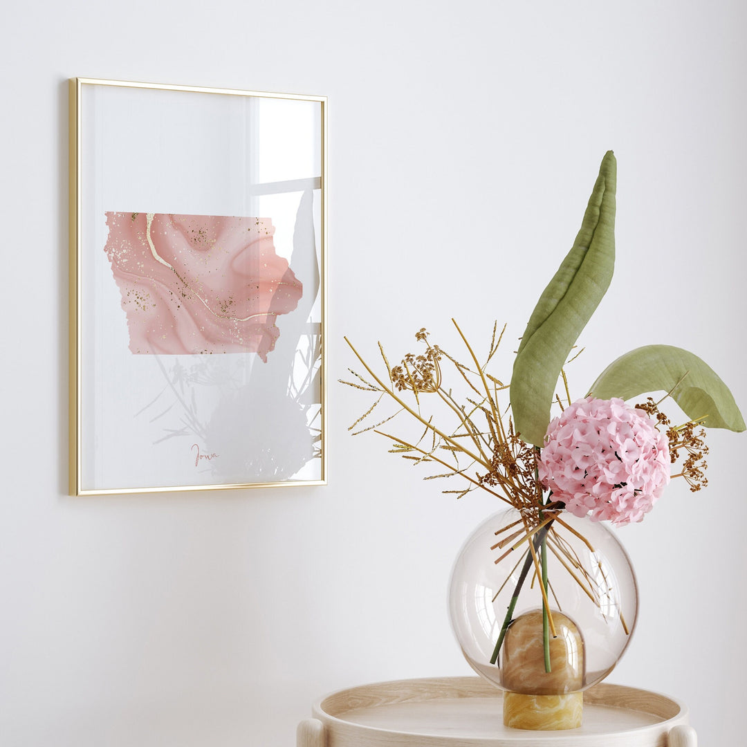 Iowa Map Pink and Gold Wall Art Print | USA | US State | United States of America