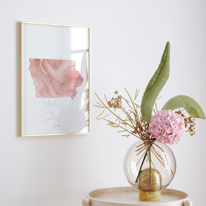 Iowa Map Pink and Gold Wall Art Print | USA | US State | United States of America