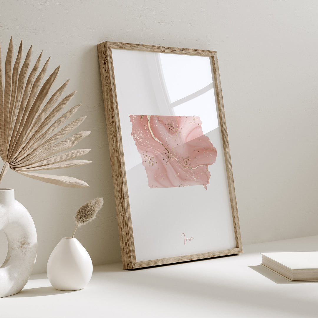 Iowa Map Pink and Gold Wall Art Print | USA | US State | United States of America