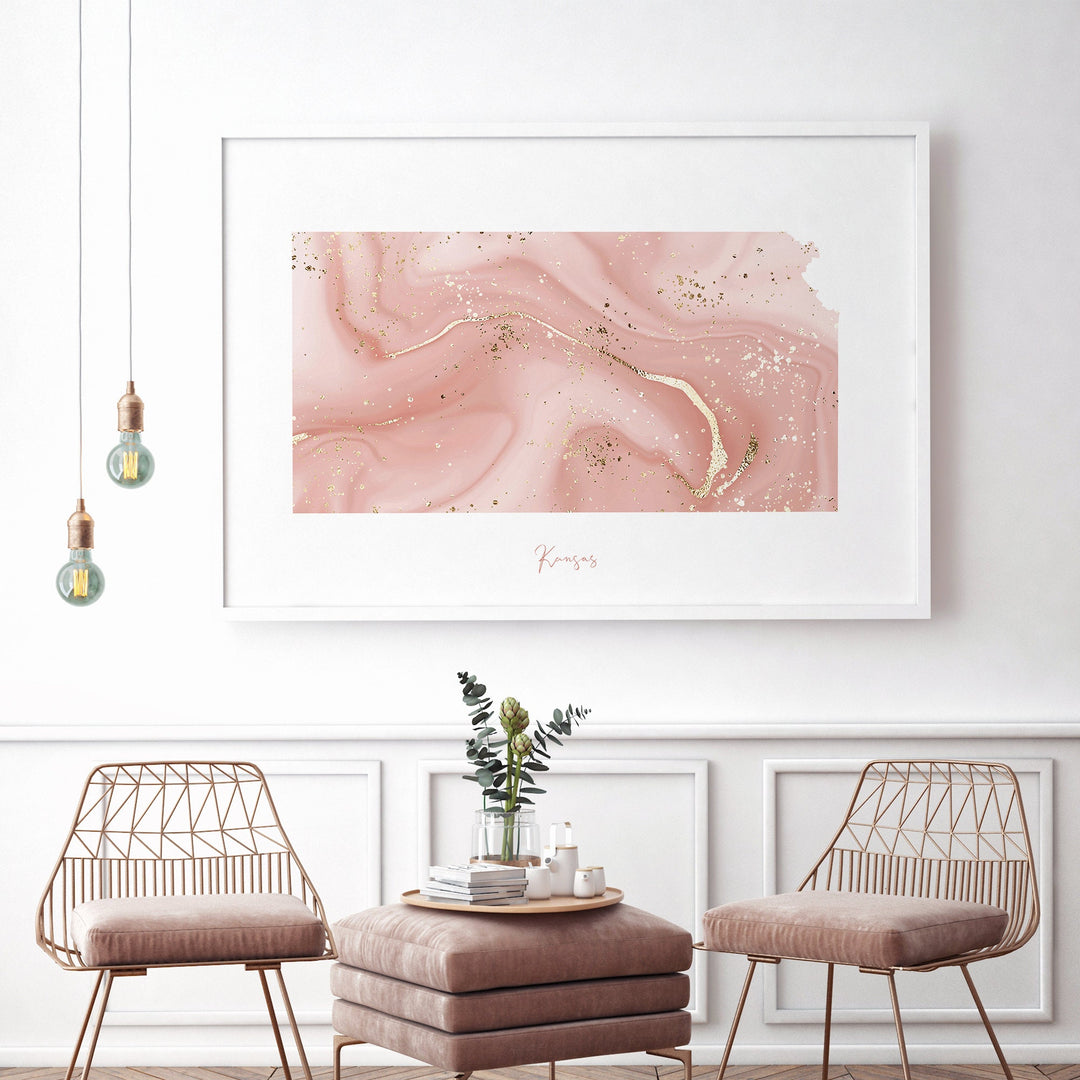 Kansas Map Pink and Gold Wall Art Print | USA | US State | United States of America