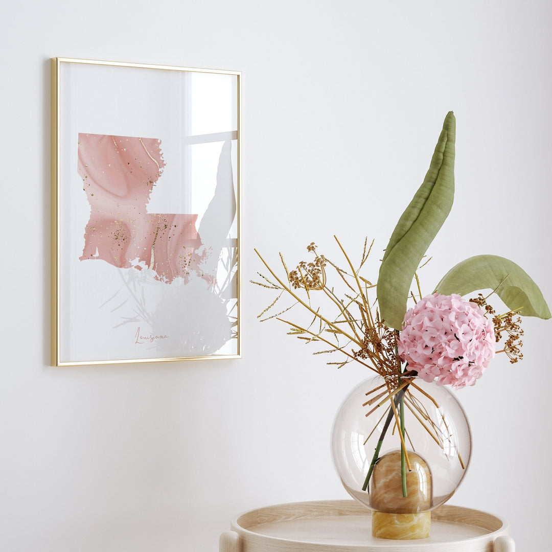 Louisiana Map Pink and Gold Wall Art Print | USA | US State | United States of America