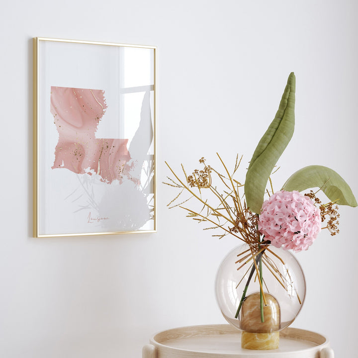 Louisiana Map Pink and Gold Wall Art Print | USA | US State | United States of America