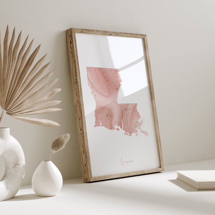 Louisiana Map Pink and Gold Wall Art Print | USA | US State | United States of America