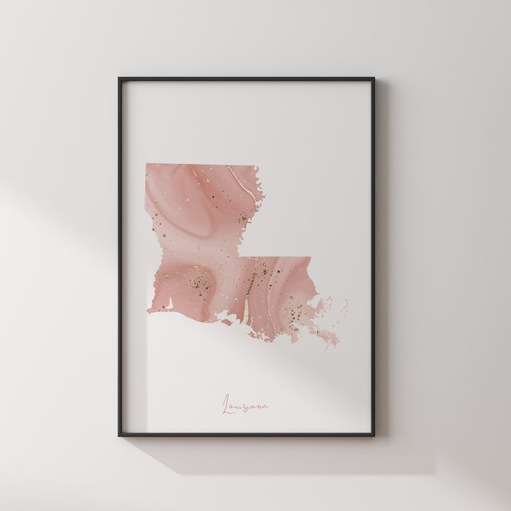 Louisiana Map Pink and Gold Wall Art Print | USA | US State | United States of America