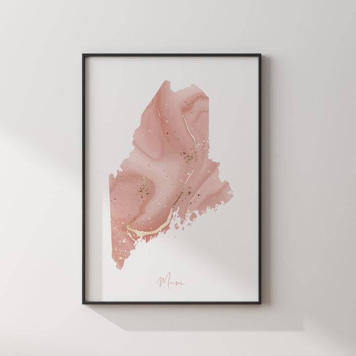 Maine Map Pink and Gold Wall Art Print | USA | US State | United States of America