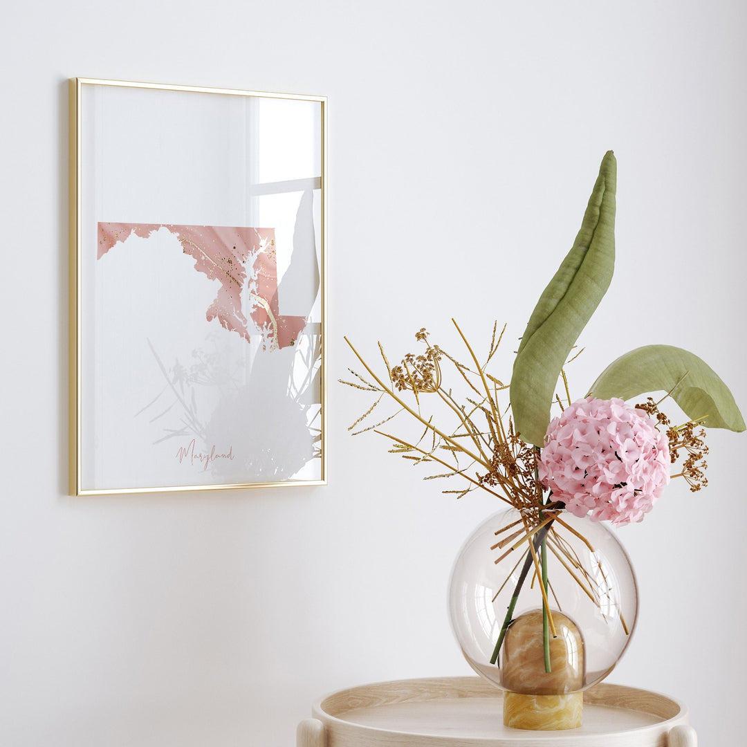 Maryland Map Pink and Gold Wall Art Print | USA | US State | United States of America