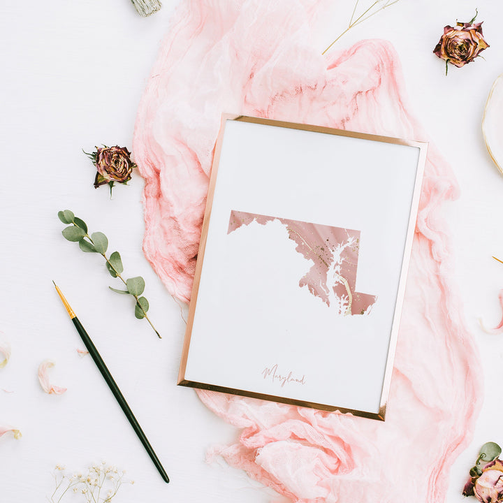 Maryland Map Pink and Gold Wall Art Print | USA | US State | United States of America