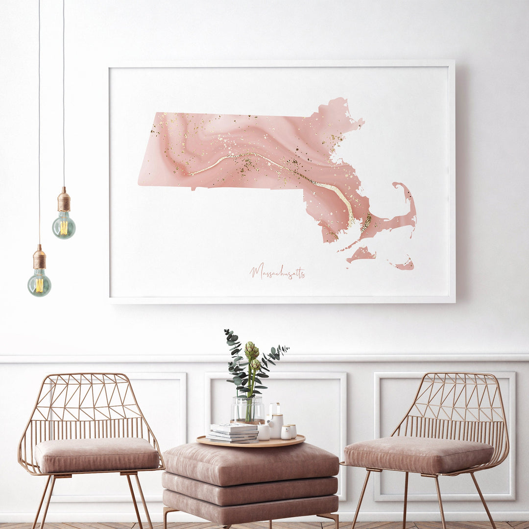 Massachusetts Map Pink and Gold Wall Art Print | USA | US State | United States of America