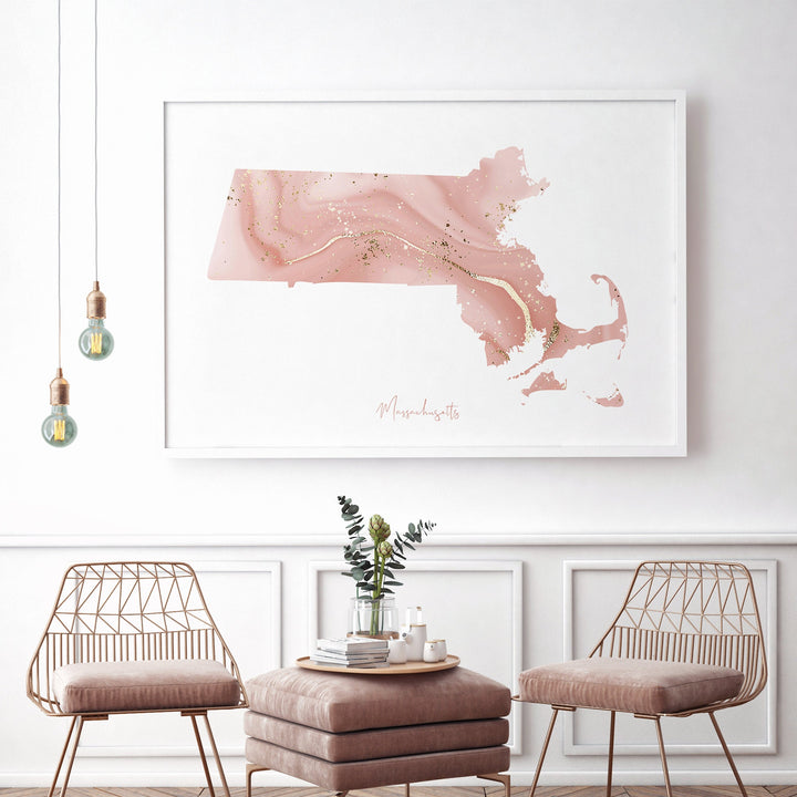 Massachusetts Map Pink and Gold Wall Art Print | USA | US State | United States of America