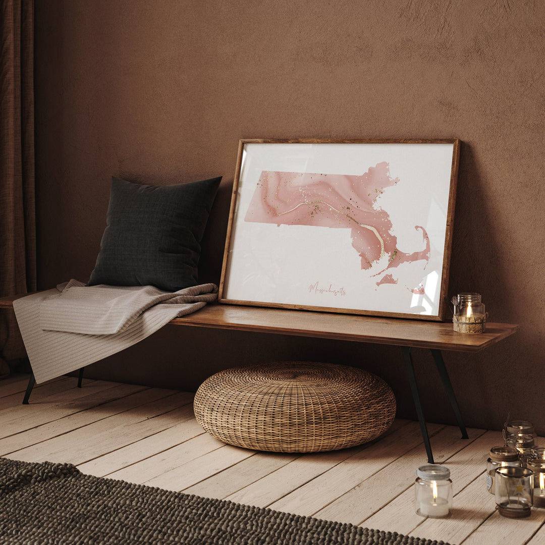 Massachusetts Map Pink and Gold Wall Art Print | USA | US State | United States of America