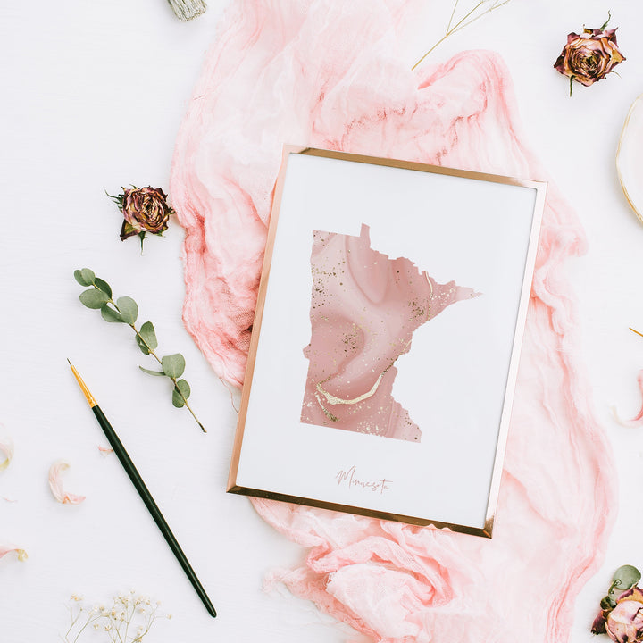 Minnesota Map Pink and Gold Wall Art Print | USA | US State | United States of America