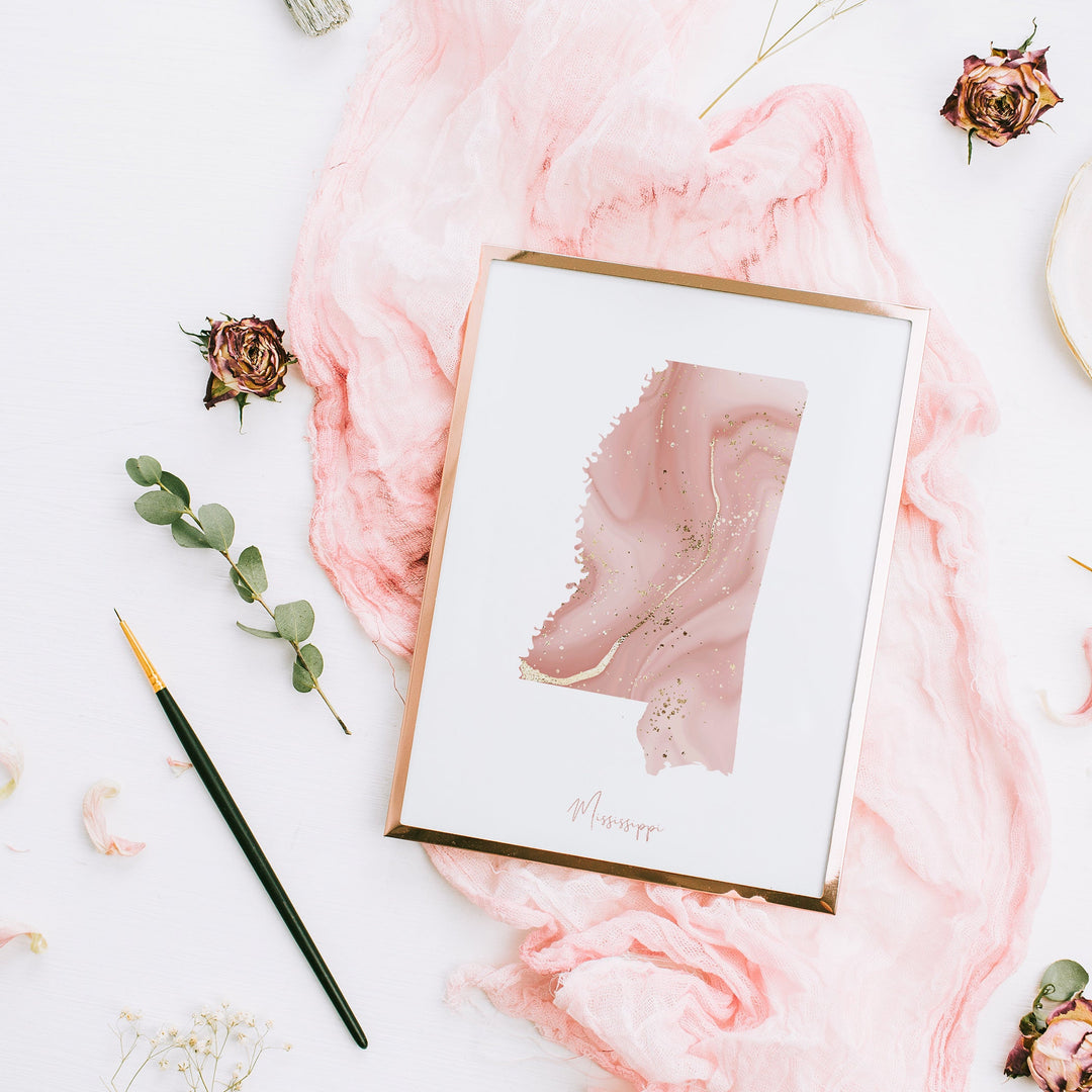 Mississippi Map Pink and Gold Wall Art Print | USA | US State | United States of America