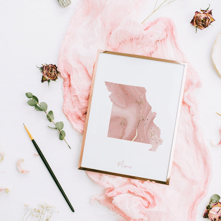 Missouri Map Pink and Gold Wall Art Print | USA | US State | United States of America