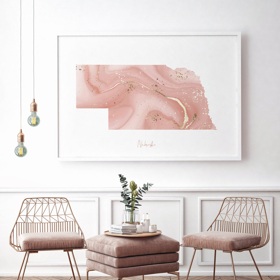 Nebraska Map Pink and Gold Wall Art Print | USA | US State | United States of America