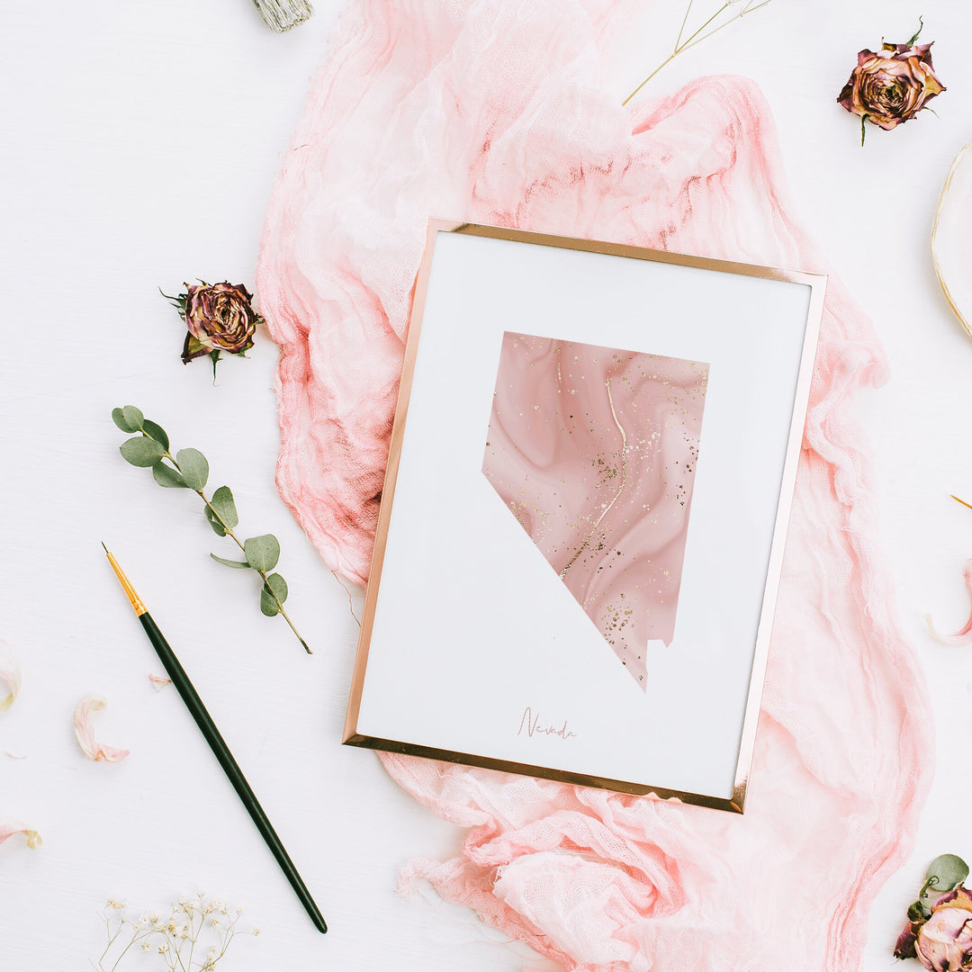 Nevada Map Pink and Gold Wall Art Print | USA | US State | United States of America