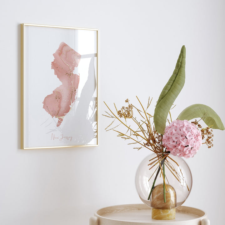 New Jersey Map Pink and Gold Wall Art Print | USA | US State | United States of America