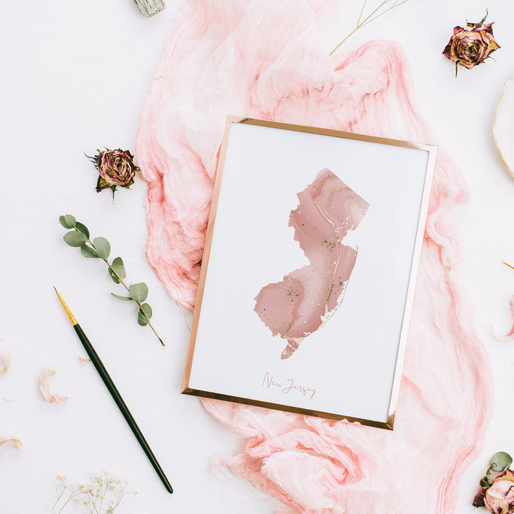 New Jersey Map Pink and Gold Wall Art Print | USA | US State | United States of America