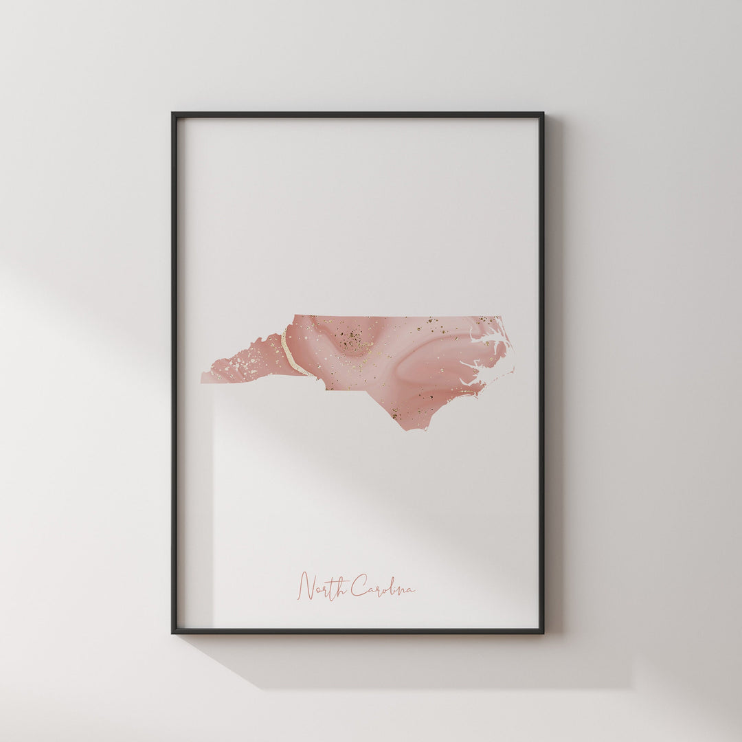 North Carolina Map Pink and Gold Wall Art Print | USA | US State | United States of America