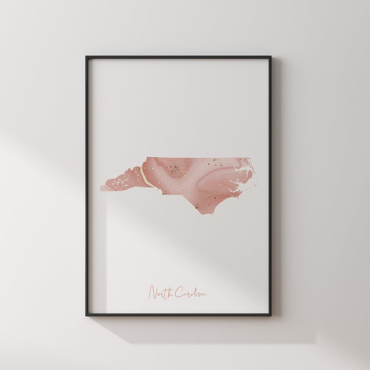 North Carolina Map Pink and Gold Wall Art Print | USA | US State | United States of America