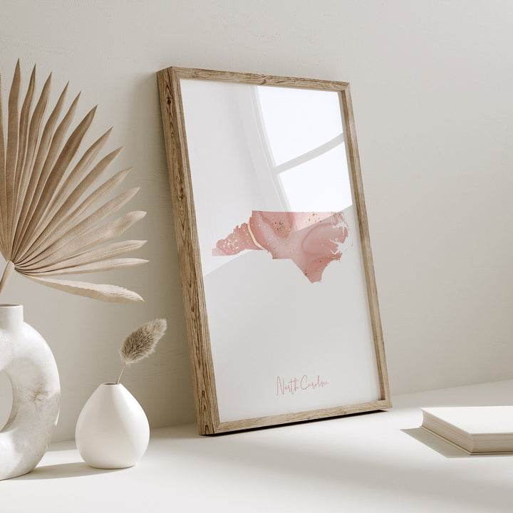 North Carolina Map Pink and Gold Wall Art Print | USA | US State | United States of America