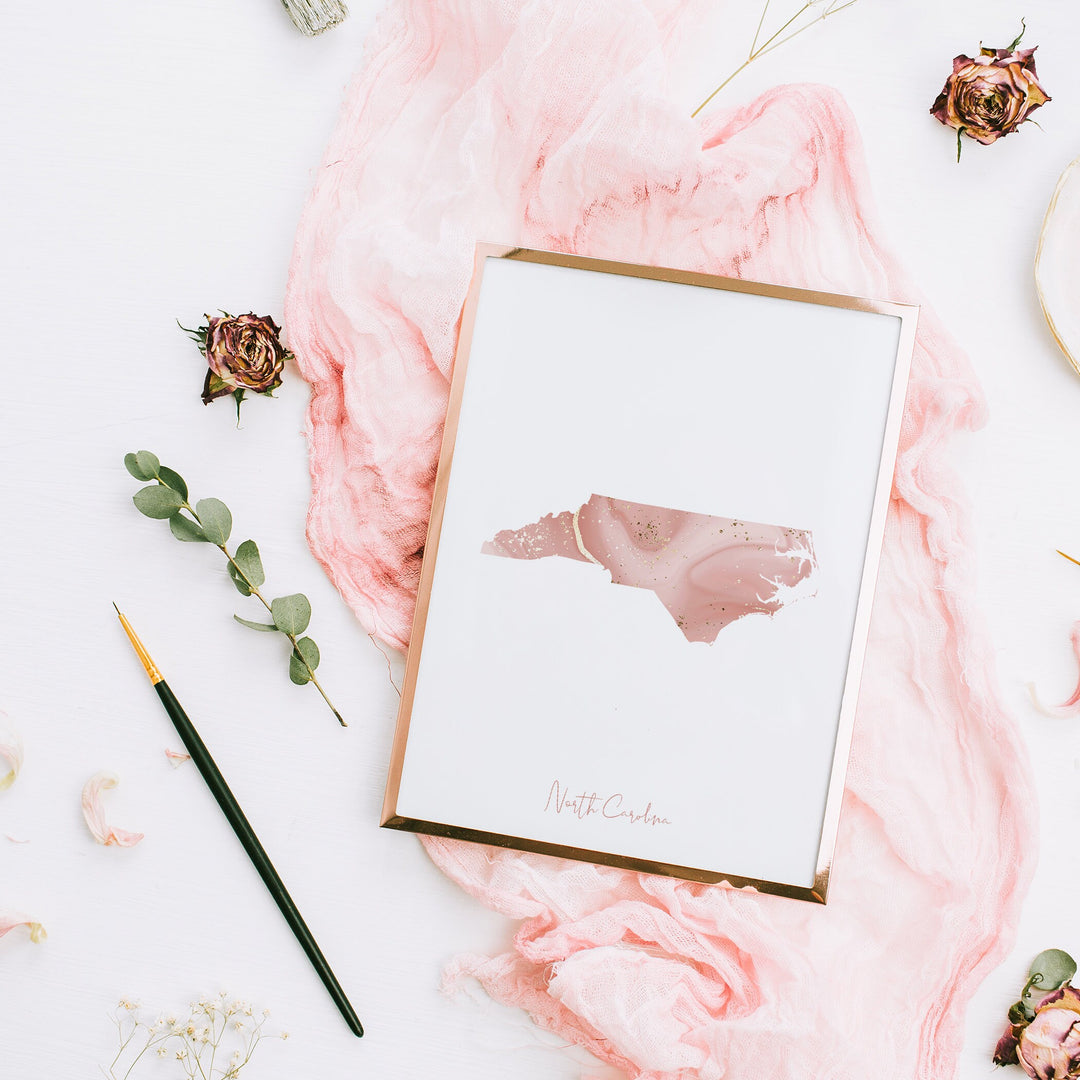 North Carolina Map Pink and Gold Wall Art Print | USA | US State | United States of America